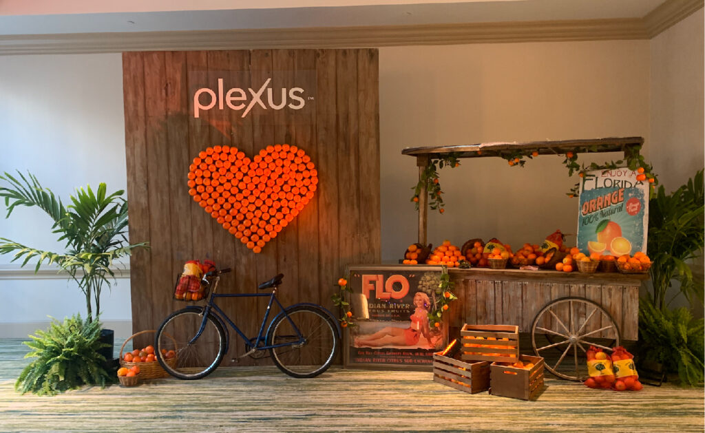 A display with a wooden backdrop featuring the word 