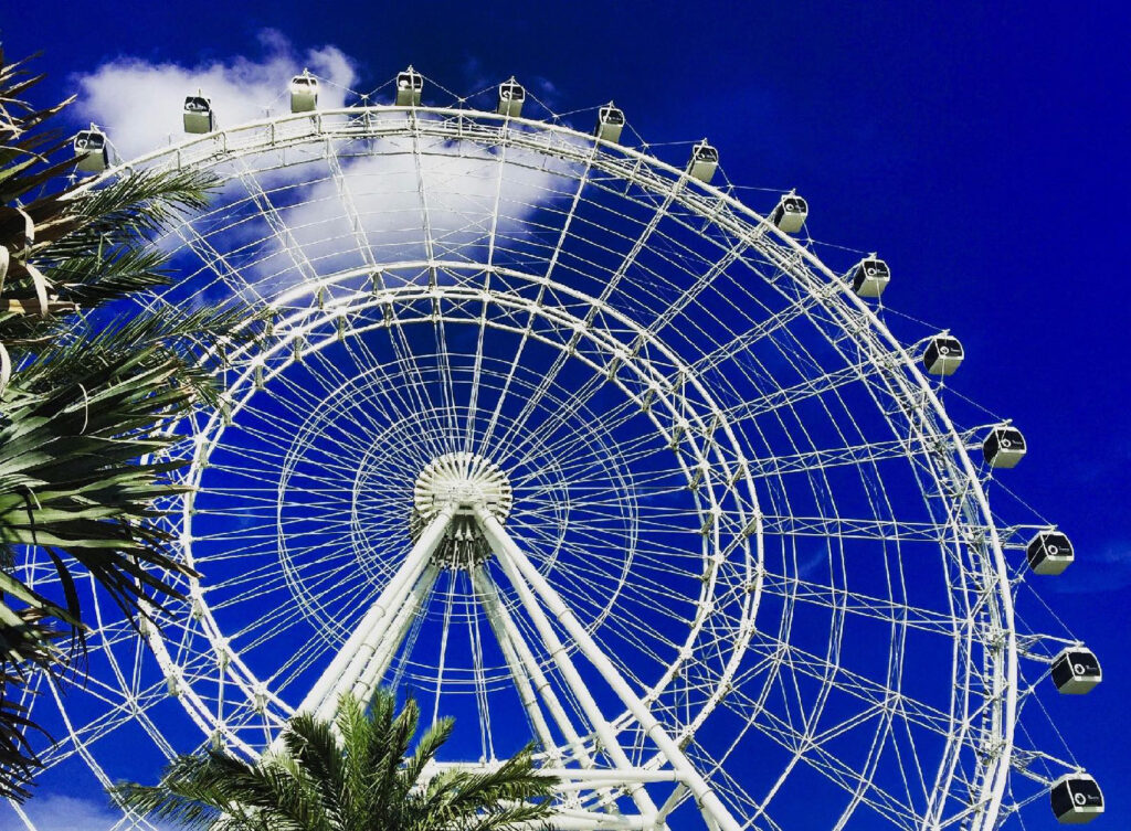 A large Ferris wheel with numerous enclosed gondolas is seen from below against a deep blue sky with scattered clouds, framed by green palm fronds in the foreground.