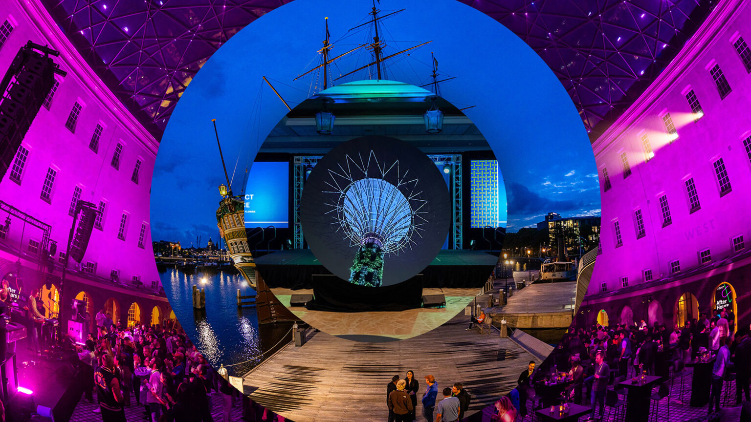 A vibrant, digitally-collaged image shows a crowd at an illuminated waterfront event, a ship with blue lighting, and a circular, geometric projection artwork at the center, under a modern glass dome at night.